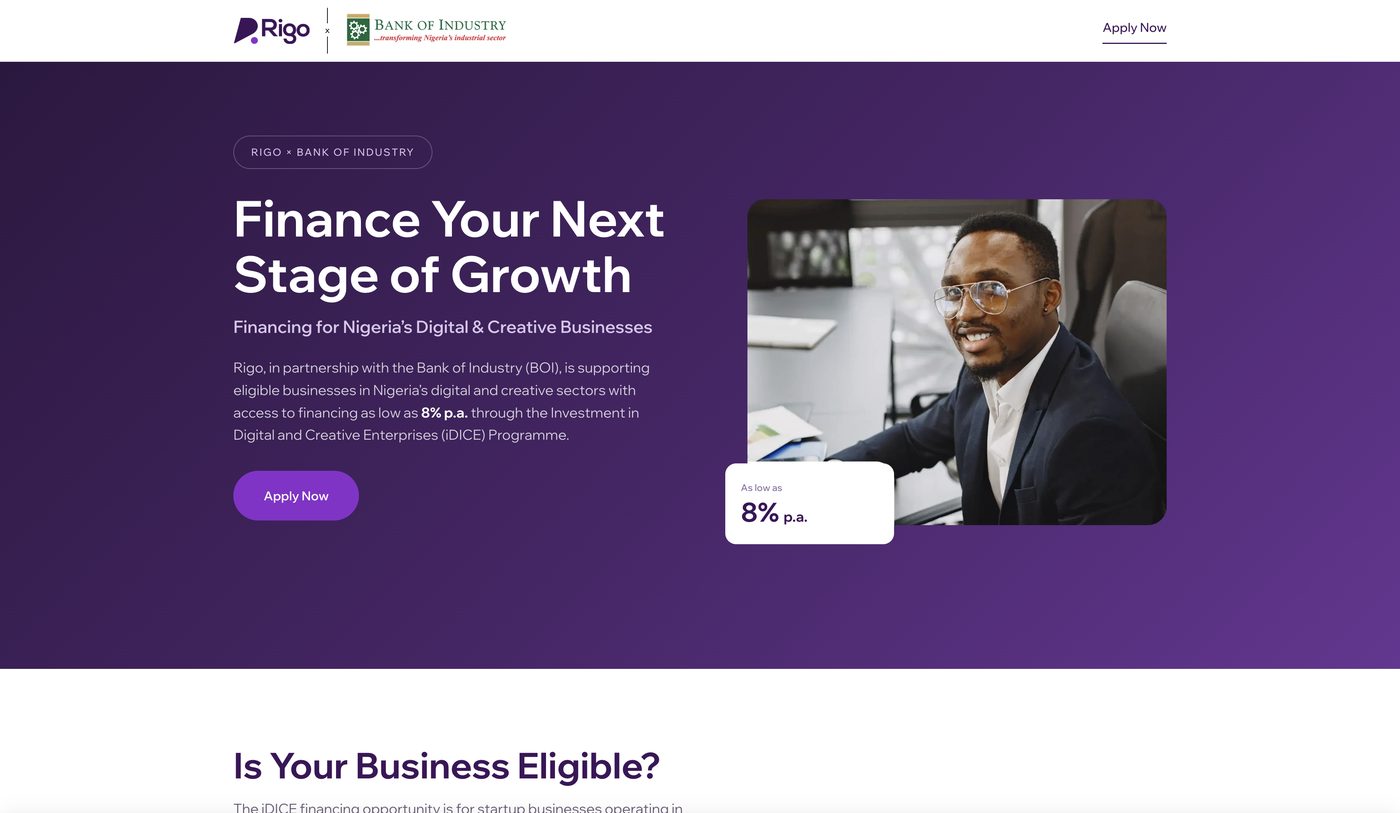 Rigo × Bank of Industry iDICE landing page